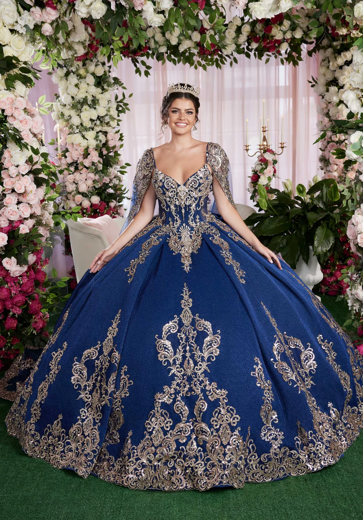Dress Sequin Embroidered Metallic Quinceañera Dress with Cape