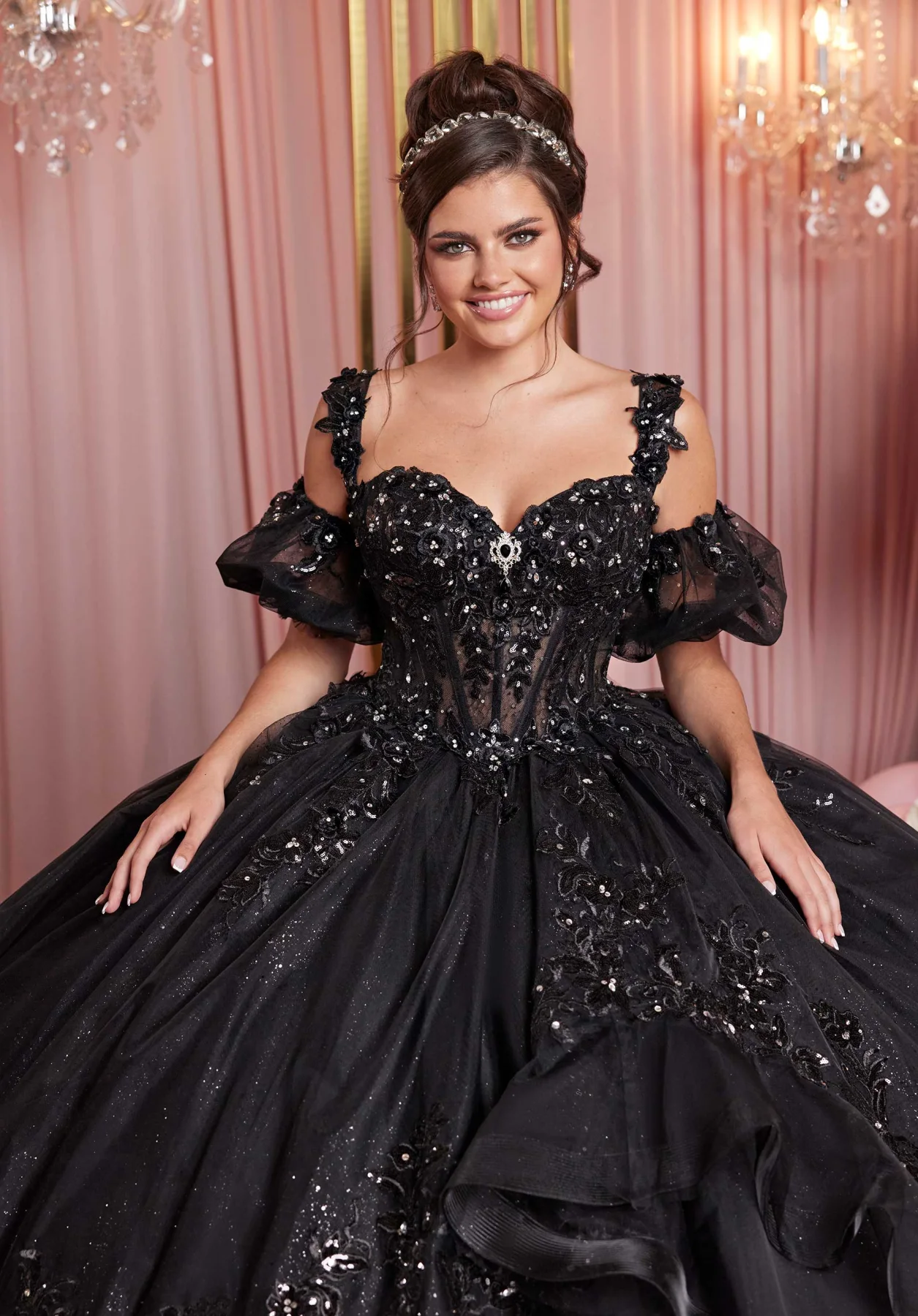 Dress Embroidered Crystal Appliqué Quinceañera Dress with Asymmetrical Flounce