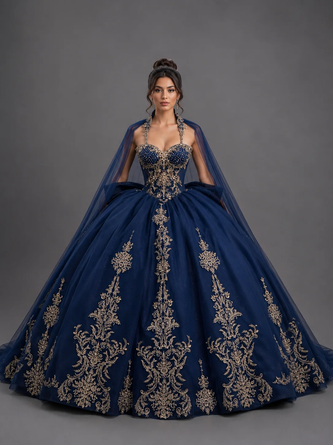 Dress Beaded Quinceanera Dress, color Navy/Gold